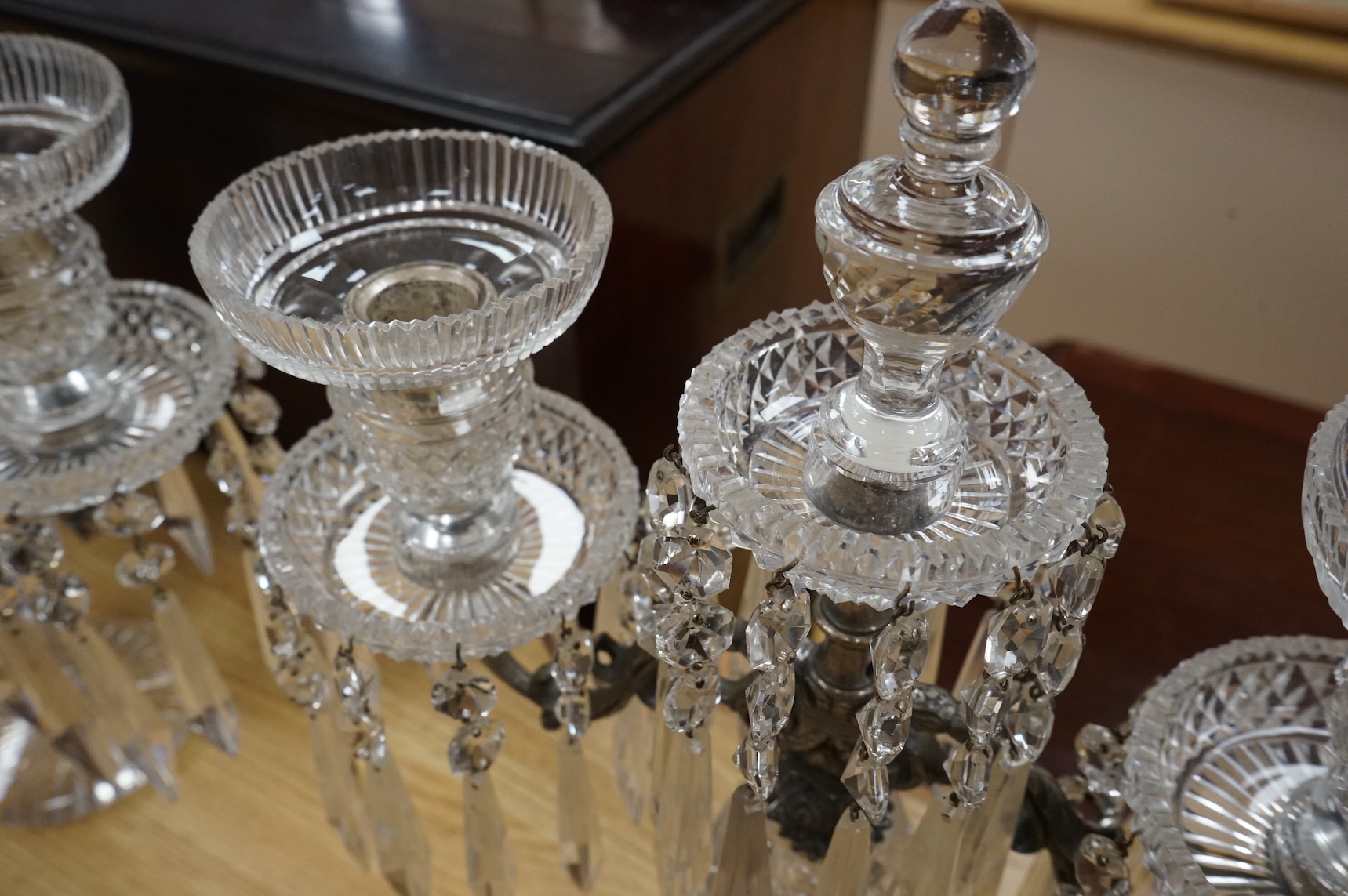 A pair of Victorian cut glass candelabra, probably Perry & Co, in Regency style, for electricity, 38cm